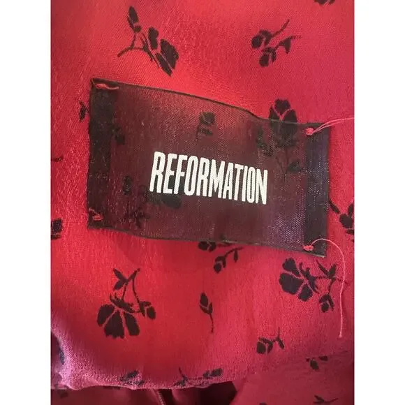 Reformation Red & Black Floral Print Mini Dress Bell Sleeve Ruffle Women's Large - Picture 13 of 16